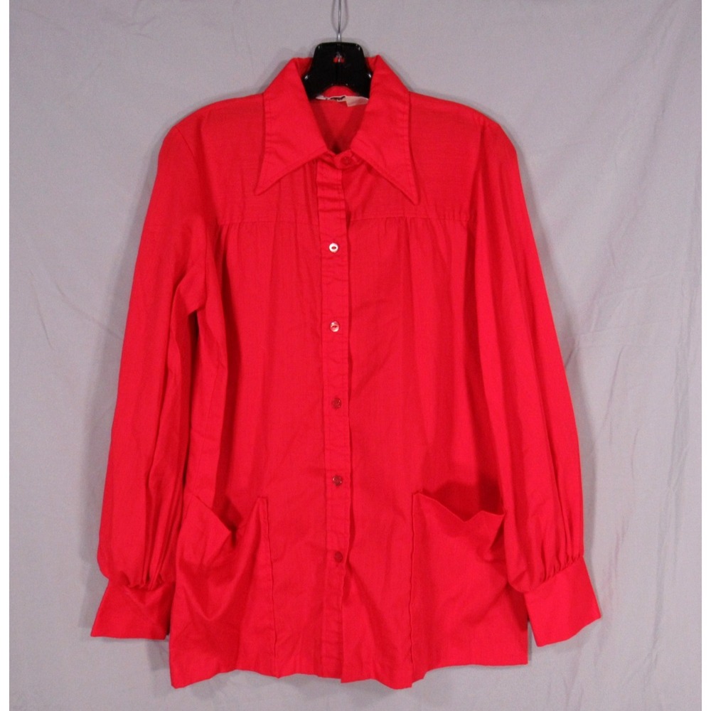VTG DURABLE PRESS Red TWILL Button-Up PLEATED TRIM Large Pockets SHIRT/TOP Sz 34